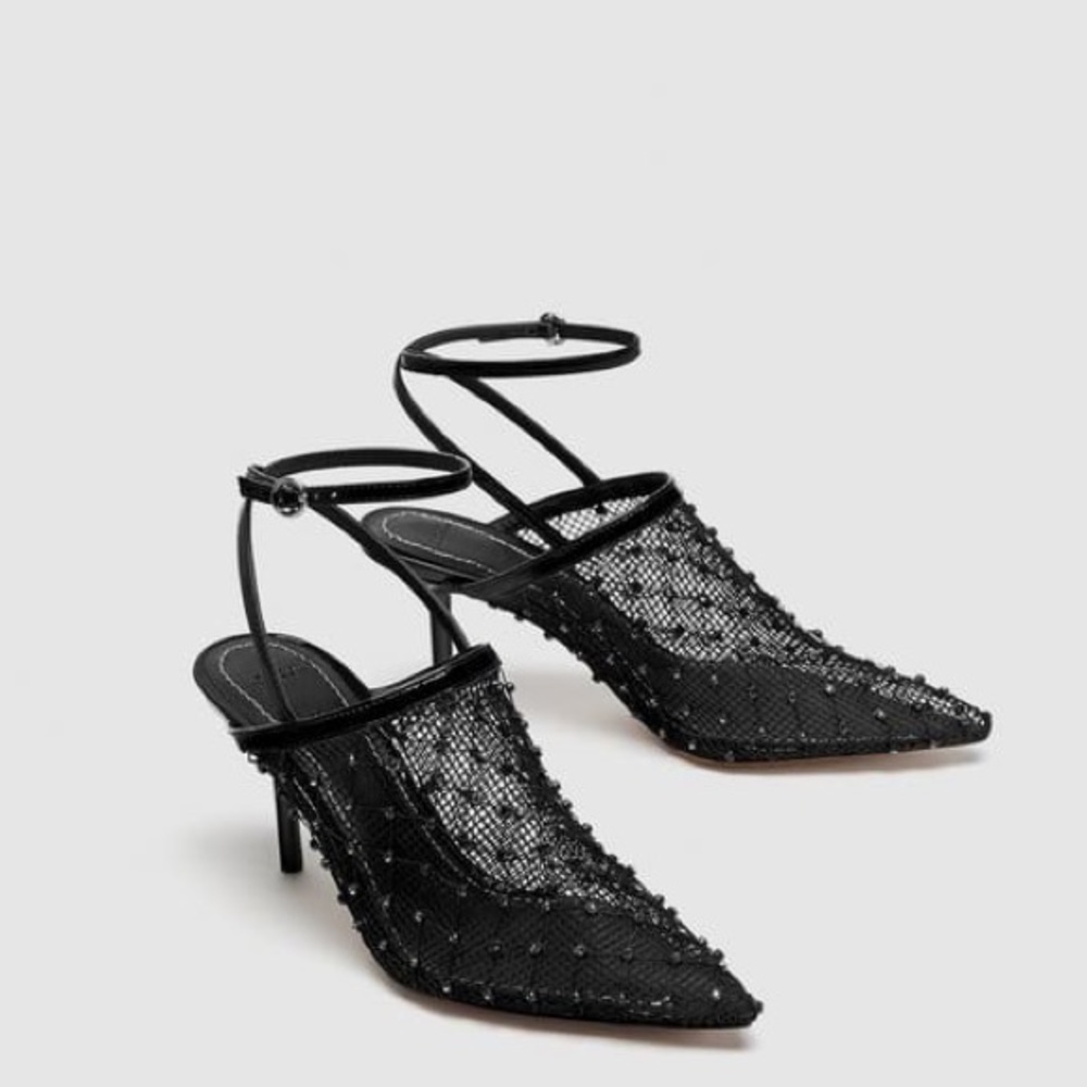 Zara Black Mesh Mid Heel Slingback Shoes